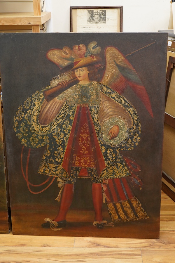 Cusco School, Flute player and Horn player, with angels, pair of oils on canvas, unframed, 120 x 90cm, Provenance: The late Kenneth Turner (1936-2025), celebrity florist, designer and perfume retailer, he received the Ro